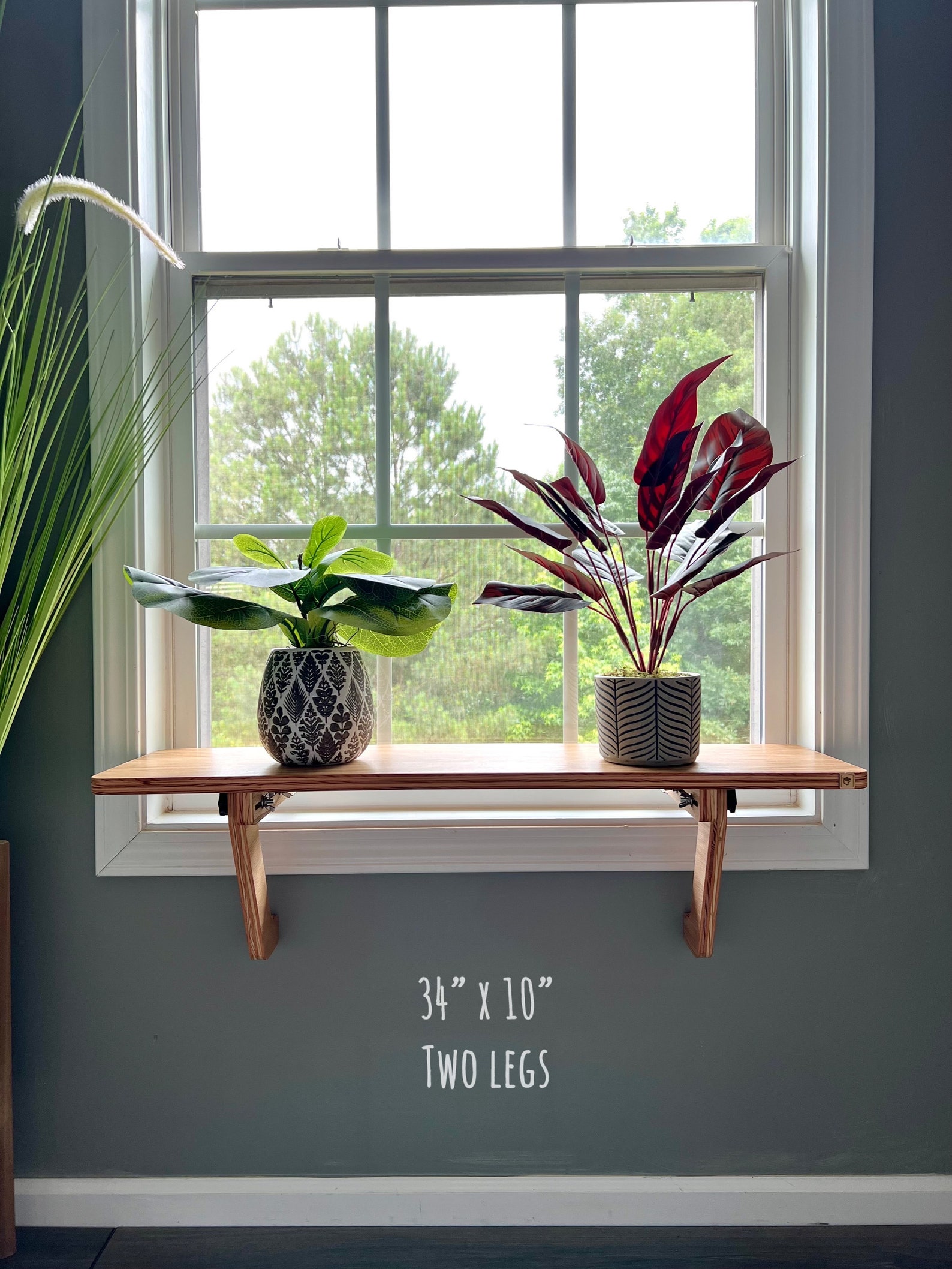 Oak Window Plant Shelf - 34 x 10 inches, Brace