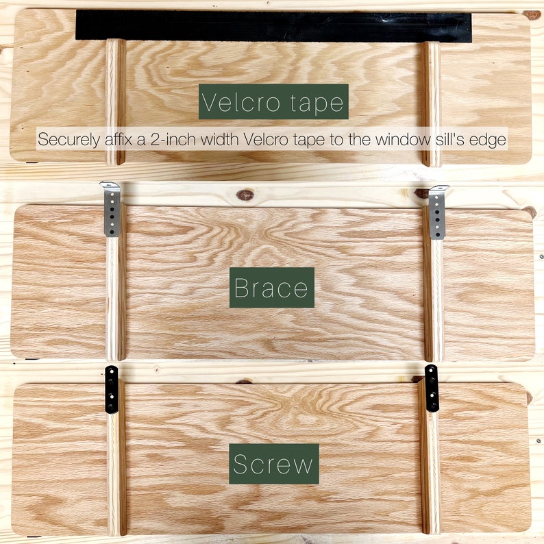 May include: A close-up of a wooden shelf with a black metal bracket attached to it. The shelf is labelled "Brace" and "Screw". The shelf is also labelled "Velcro tape" and includes instructions to "Securely affix a 2-inch width Velcro tape to the window sill's edge".