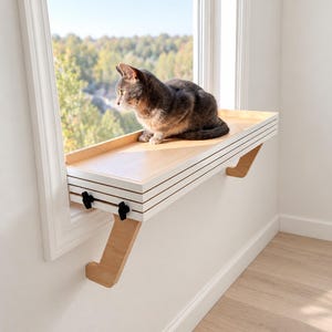 May include: A light-colored wooden cat window perch with a smooth top surface, white side panels, and two black adjustment knobs. The perch is supported by two light-colored wooden brackets attached to the window frame and wall.