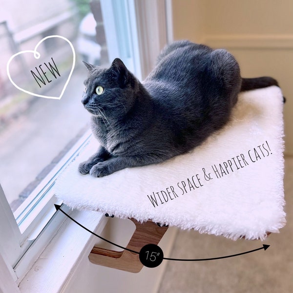 Wider Space & Happier Cats! _ Oak Window Perch _ Sturdy-Safe support legs _ Installed-removed 1 minute _ No tools No nails _ 21" x 15"