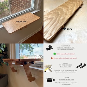 May include: A wooden window shelf with two mounting options: velcro tape and screws. The shelf is shown mounted on a window sill. The text "VELCRO TAPE", "SCREW", and "BRACE" are visible in the image. The shelf is made of light wood and has a natural finish.