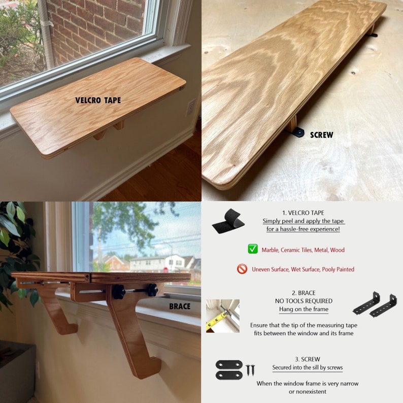 May include: A wooden window shelf with two mounting options: velcro tape and screws. The shelf is shown mounted on a window sill. The text "VELCRO TAPE", "SCREW", and "BRACE" are visible in the image. The shelf is made of light wood and has a natural finish.