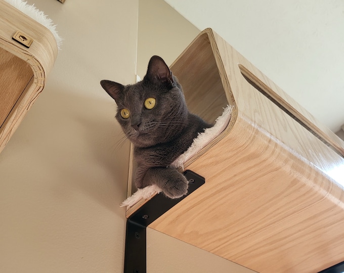 Wall Mounted Cat Bed, Hidden Oak Plywood Cat House with Faux Fur