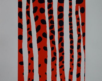 May include: Abstract art print featuring vertical red bands with black, irregular spots. White spaces separate the bands. The artwork has a minimalist style and is set against a white background. The print is signed and numbered.