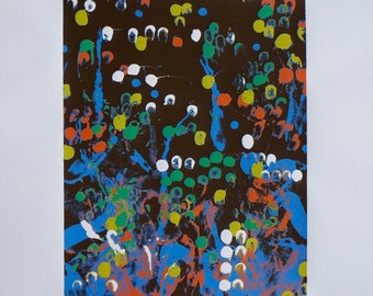 May include: Abstract art print with a dark brown background and colorful splatters of paint. The artwork features blue, orange, green, yellow, and white paint splatters. The print is signed and numbered 8/14.