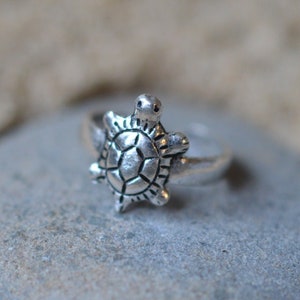 Op de afbeelding: Een zilverkleurige ring met een gedetailleerd schildpadontwerp. De schildpad heeft een getextureerd schild en kop, met de ringband die zich uitstrekt vanaf het lichaam van de schildpad. De ring is geplaatst op een grijze steen, met een zanderige achtergrond.
