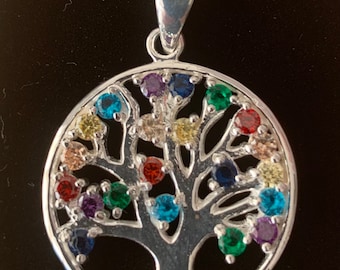 Sterling Silver 925 Tree Of Life With Coloured Stones Pendant