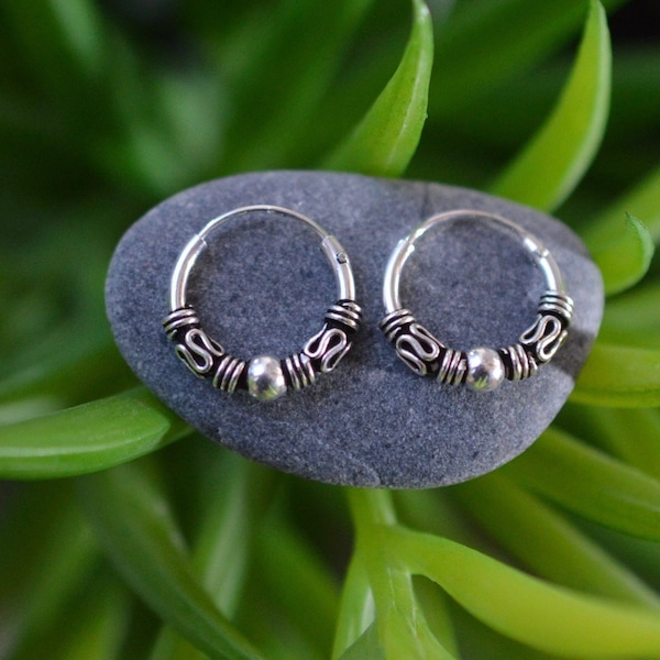 Sterling  Silver  925  Bali  Ball  Hoop  Sleeper  Earrings       ( 10 , 12 , 14 , 16 , 18, 20  MM )