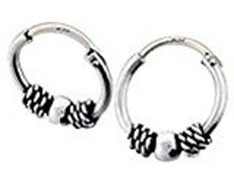 Sterling  Silver  925  Ball  Bali  Hoop  Sleeper  Earrings         (  10 MM , 12 MM , 14 MM  Sizes )