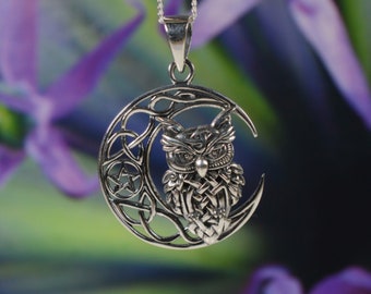 Sterling Silver 925 Owl in Crescent Moon Pendant