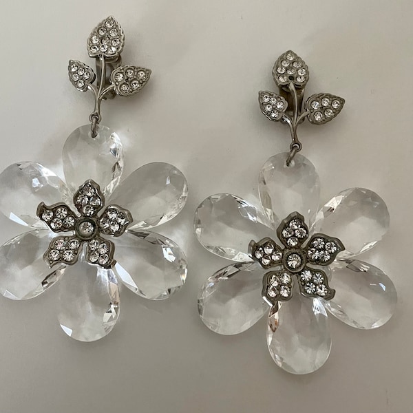 BOZART Outrageous 1960s Italian Lucite and Rhinestone Flower Drop Earrings