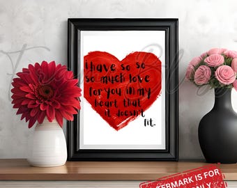 Impresión artística con frase de amor de corazón rojo (descarga digital)