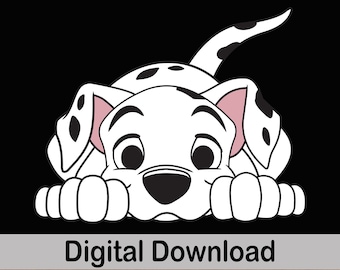 May include: A black and white cartoon Dalmatian puppy with pink ears peeking out from behind a black surface. The puppy has black spots and is looking at the viewer.