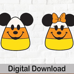 May include: A pair of candy corn characters with Mickey Mouse ears. The character on the left has black ears and a black nose. The character on the right has black ears, a black nose, and a pink bow. Both characters have a yellow, orange, and white candy corn body with a smiling face.