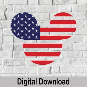 May include: A Mickey Mouse silhouette made from the American flag. The silhouette is red, white and blue with stars on the left ear and stripes on the right ear. The silhouette is on a white brick wall background.