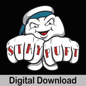 Puede incluir: Un fantasma de dibujos animados blanco con un gorro de marinero azul y una sonrisa traviesa. El fantasma tiene dos puños con las palabras "STAY PUFT" tatuadas en rojo.