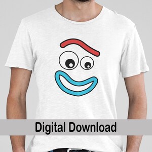 May include: White t-shirt with a cartoon face design. The face has red eyebrows, blue eyes, and a blue smile.