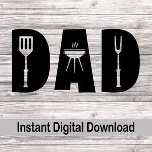 May include: Black and white graphic design with the word "DAD" in large letters. The letter "D" on the left has a spatula, the letter "A" has a grill with smoke, and the letter "D" on the right has a fork.