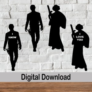 Ich liebe dich, ich weiß, Prinzessin Leia Silhouette, Han solo Silhouette svg, Sofort Download, Galaxy svg, Liebe svg, Paare svg
