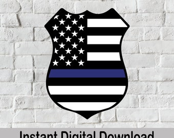 May include: A black and white shield with a blue stripe across the middle. The shield is shaped like a police badge and has the American flag design on it.