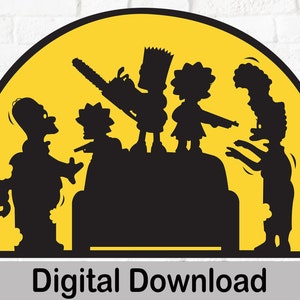 Puede incluir: Silueta negra de cinco personajes de dibujos animados sobre un fondo amarillo. Los personajes sostienen armas y están de pie en un sofá. El texto "Descarga digital" está en la parte inferior de la imagen.