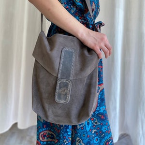 Gray Suede Leather Bag With Flat / Gray Suede Leather Bag / Crossbody Leather Bag