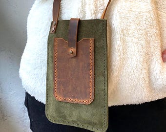 Bolso bandolera para teléfono de ante verde hecho a mano - Personalizado