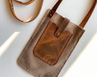 Personalized Sand Color Suede Leather Custom Phone Bag Slim Mobile Phone Bag, Phone Shoulder Bag, Crossbody Bag for Mobile Phone Carrier
