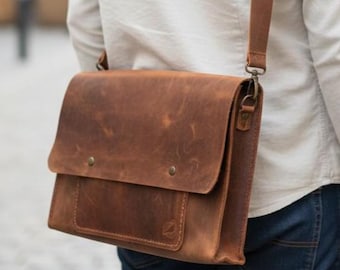 Personalized Leather Messenger Bag, Vintage Brown Crossbody Messenger Satchel, Custom Laptop Briefcase, Rustic Crossbody Satchel