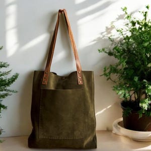 Green Leather Shoulder Bag, Khaki Color Suede Leather Bag, Leather Tote Bag, Genuine Leather Suede Bag, Personalized Suede Leather Bag