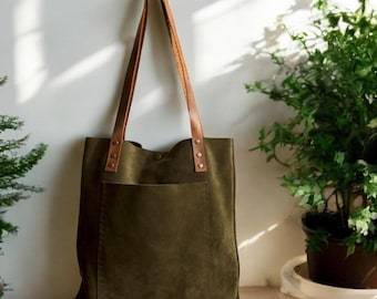 Green Leather Shoulder Bag, Khaki Color Suede Leather Bag, Leather Tote Bag, Genuine Leather Suede Bag, Personalized Suede Leather Bag