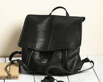 Black Leather Mini Backpack, Small Backpack for Girls Teens Women, Vintage Backpack, Unisex Convertible Bag with Magnetic Closure Travel