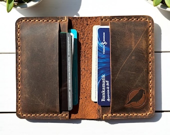 Brown Leather Card Holder, Slim Minimalist Wallet, Personalized Credit Card Case, Custom Engraved Gift for Men & Women, Leather Card Case