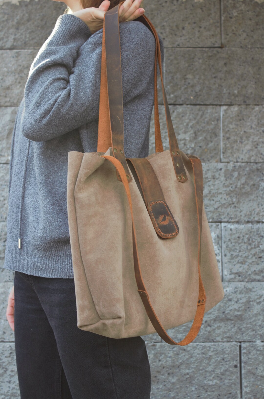 Sand Color Leather Strap Bag /cross Strap Bag /big Suede Etsy