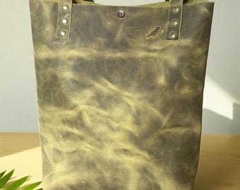 Handmade Green Distressed Leather Tote Bag, Rustic Shoulder Bag