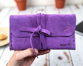 Personalized Handmade Purple Suede Leather Wallet, Custom Leather Wallet, Long Clutch with Card Slots, Purple Leather Wallet,