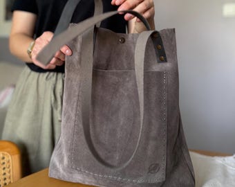 Handmade Suede Leather Tote Bag: Anthracite Gray Shoulder  NWT Waltzing Matilda Gray Distressed  Suede Leather Tote Bag main image 0