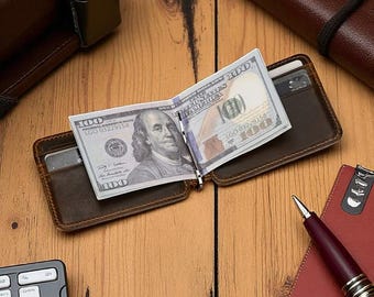 Handmade Leather Money Clip Wallet for Men, Slim Bifold Card Holder with RFID Protection, Minimalist Cash Clip Gift for Him