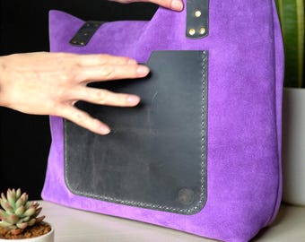 Handmade Purple Suede Leather Tote Bag with Black Front Pocket, Minimalist Large Purse