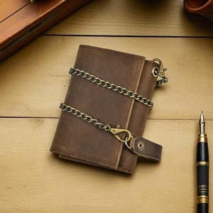 May include: Brown leather wallet with a chain, snap closure, and a pen. The wallet has a distressed look and a metal chain that wraps around it. The pen is black with gold accents. The wallet is on a wooden surface.