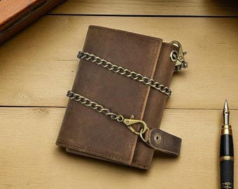 Handmade Leather Biker Vintage Wallet with Chain, Anti Theft Trifold Wallet for Men, Vintage Motorcycle Rider Chain Wallet with Card Slots