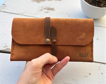 Brown Suede Leather Wallet with Strap Closure, Handmade Long Personalized Clutch for Women, Slim Rustic Minimalist Purse