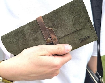 Olive Green Suede Leather Wallet with Strap Closure, Handmade Long Personalized Clutch for Women, Slim Rustic Minimalist Purse