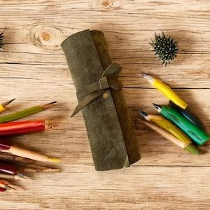 Handcrafted Green Leather Pencil Roll: Artist Brush Case