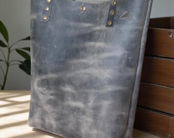 Handmade Gray Leather Tote Bag, Distressed Rustic Shoulder Bag, Minimalist Unlined Purse