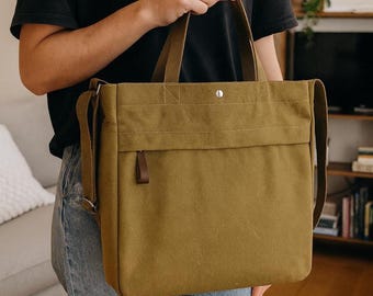 Bolsa de lona com bolso com zíper – Bolsa de ombro feita à mão, bolsa de viagem transversal, bolsa de trabalho minimalista para mulheres e homens