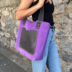 Handmade Purple Suede Tote Bag: Boho Leather Shoulder Bag