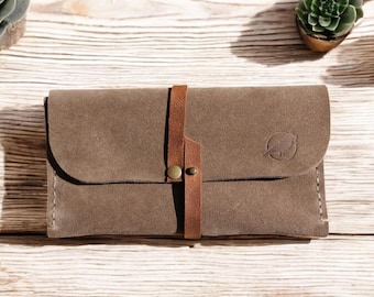 Personalized Suede Leather Long Wallet, Handmade