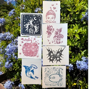devil night dancing | butterfly | cider apple | ocean hammerhead shark & sunfish | mini linocut print | original handmade art print