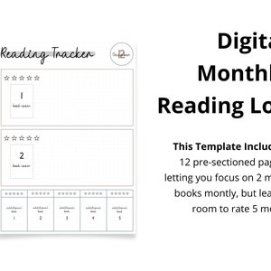 May include: Digital monthly reading log template with sections for tracking books. Includes space to rate books and a section for additional books. The text reads "Reading Tracker" and "Digital Monthly Reading Log".